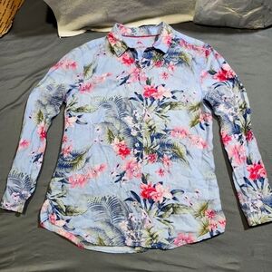 Tommy Bahama Linen Button Down Shirt Women Size Medium Floral Blue Cruise Beach
